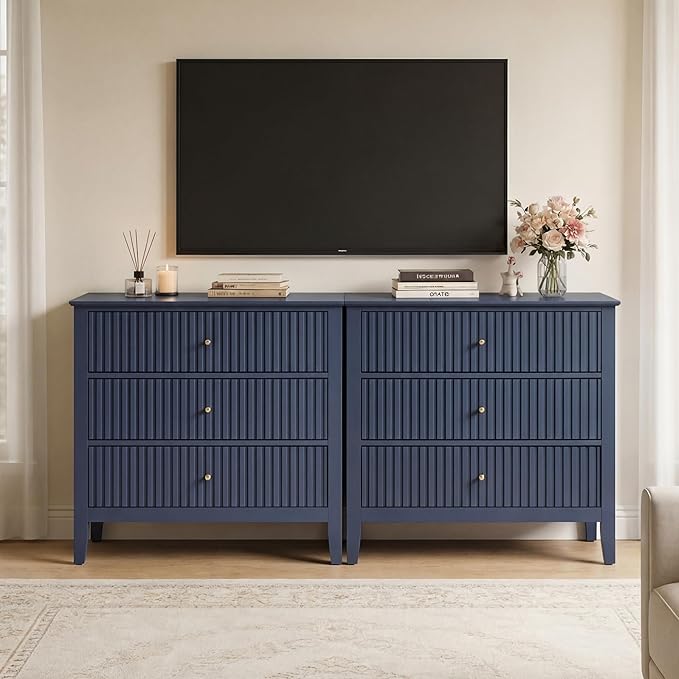 RoyalCraft 32" Large Nightstand Set of 2, Fluted Painted Bedside Table with 3 Spacious Drawers, Modern Tall End Table for Bedroom, Blue