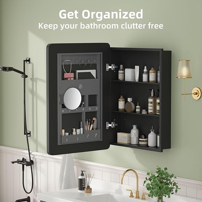 20ร28 Black Medicine Cabinet with Mirror, Bathroom Medicine Cabinet with Mirror for Vanity Wall Mounted & Recessed with Cosmetics Storage Rack, 2 Stable and Removable Shelves, Easy Installation