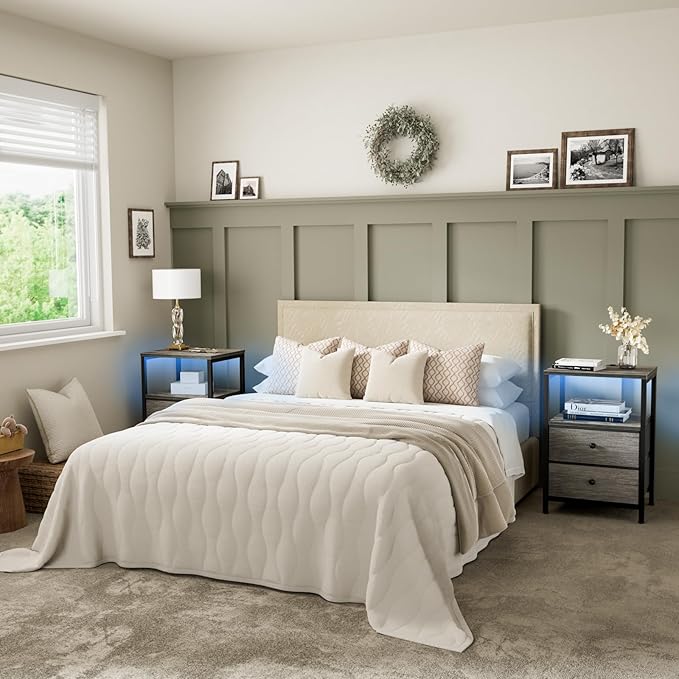 BOLUO Gray Nightstand with Charging Station, LED Night Stand with 2 Fabric Drawers, Bedside Table with USB Ports and Outlets, Nightstand for Bedroom Modern
