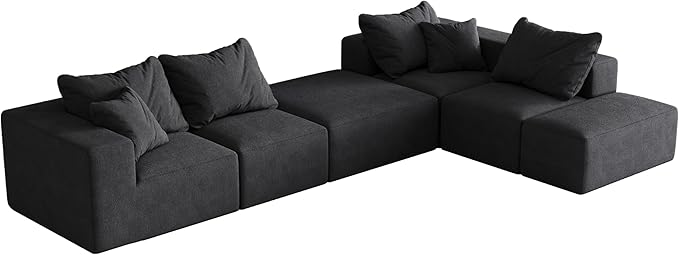 132" Modular Sectional Sleeper Sofa Couch, Modern Cloud Chenille Sectional Couch with Ottoman, Boneless U Shape Couches for Living Room, Free Combination, No Assembly Required, Black