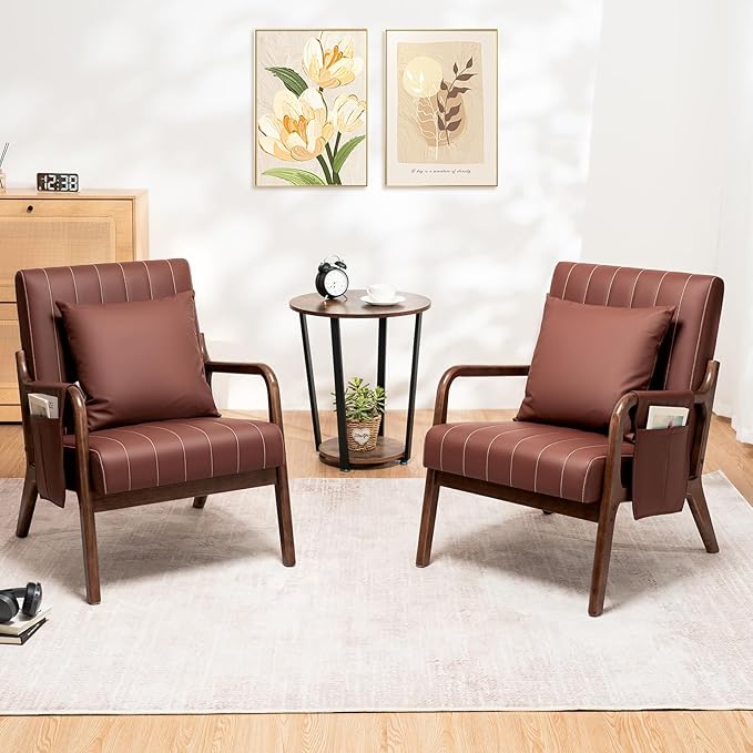 HOMMPA Mid-Century Modern Accent Chair Set of 2, Comfy Reading Armchair with Solid Wood Frame & Lumbar Pillow, Upholstered Linen Lounge Chair with Side Pocket for Living Room, Bedroom,Balcony (Brown)