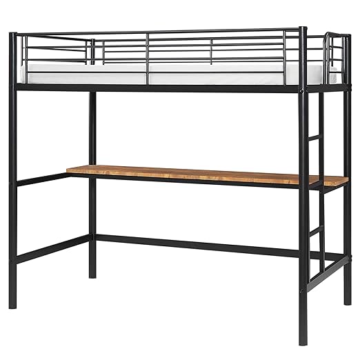 VECELO Metal Loft Bed Twin Size with Desk, Heavy Duty Bedframe with Removable Ladder and Safety Guardrail, Space-Saving, Noise Free, No Box Spring Needed, Matte Black