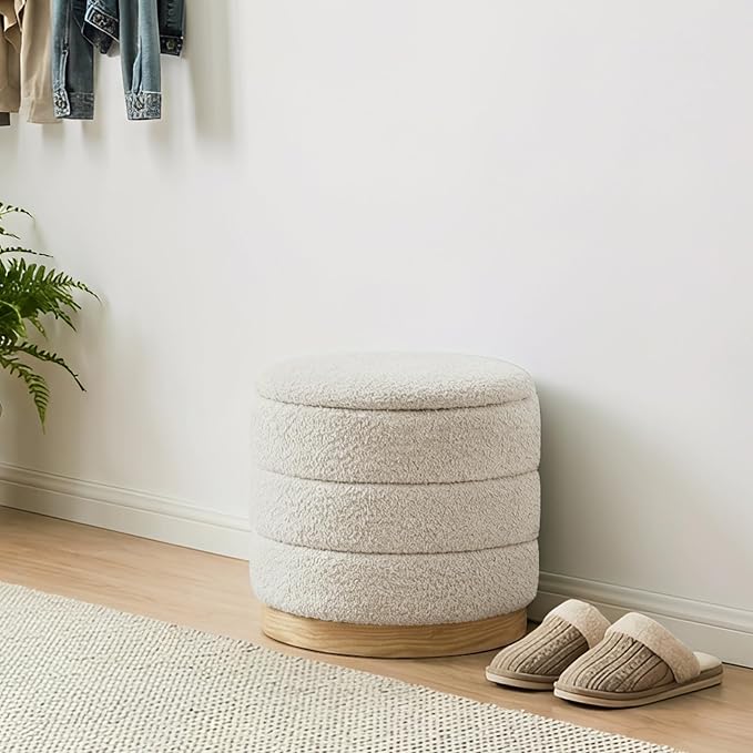 Round Storage Ottoman with Reversible Tray Lid, Folding Chenille Fabric Footrest with Hidden Storage, 15.4" Footstool for Small Spaces Living Room Bedroom, Wood Grain Base, Cream White