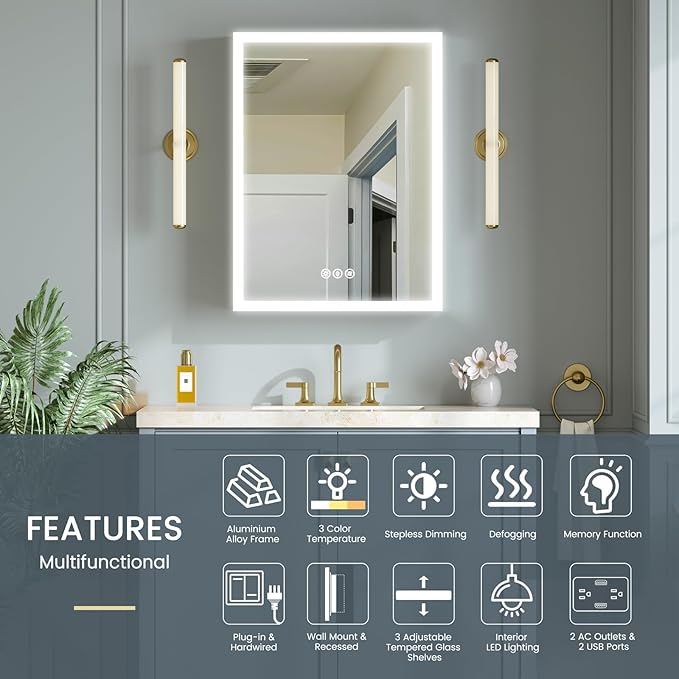 24x32 Inch Medicine Cabinet with Lights, AL Alloy Frame, Plug-in or Hardwired, Recessed or Wall Mount, 3 Colors/Dimmable/Interior Sensor Light/Defog,2 Outlets & USBs,3 Shelves (Right Hinge)