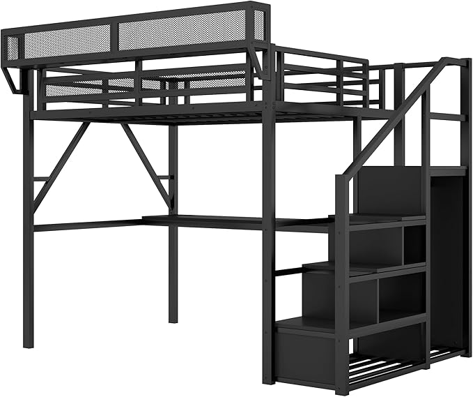 Mirightone Full Size Loft Bed with Desk and Light, Metal Loft Bed Frame with Stairs and Bedside Shelf, Tall Lofts Beds with Storage Shelves and Wardrobe for Kids Teens, Black
