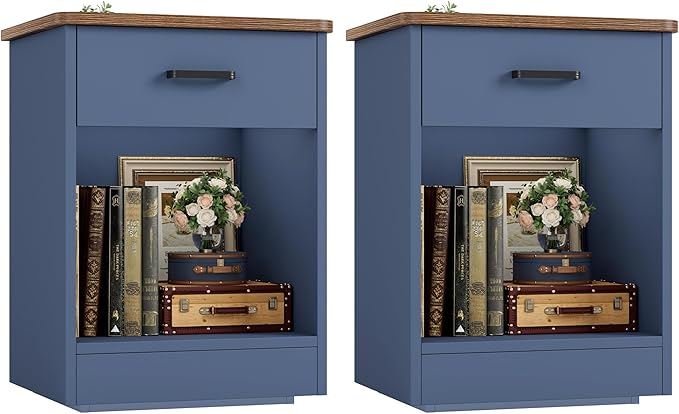 FOTOSOK Nightstand Set of 2, 2-Tier Side Table with Drawer and Storage Shelf, Bedside Table End Table, Modern Night Stand for Bedroom, Home Office, Blue