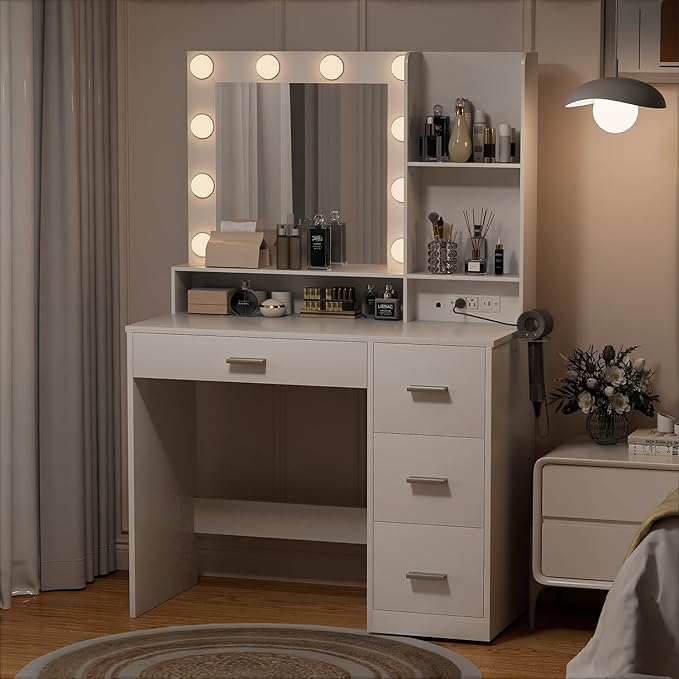 YESHOMY 39" Vanity Desk with Mirror & Lights, Makeup Vanity Table with Power Outlet & Storage Drawers, 3 Color LED Lighting, Dressing Table for Bedroom, White