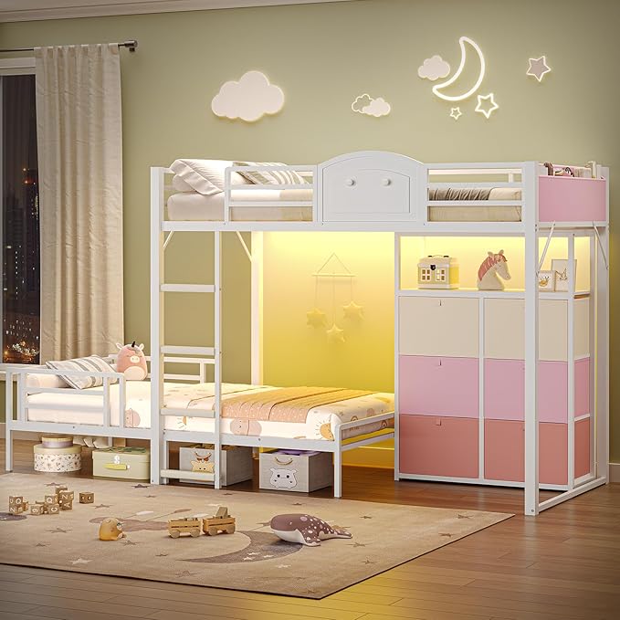 AOGLLATI Bunk Bed Twin Over Twin with 6 Storage Drawers for Kids Teens,Metal Led Loft Bed with Bedside Storage,Safety Guardrails for Small Space, No Box Spring Needed,White