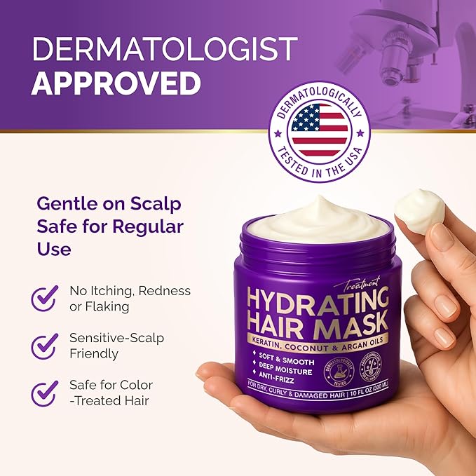 Hydrating Hair Mask - Deep Conditioning Treatment for Dry, Frizzy & Damaged Hair - Keratin Mask with Coconut & Argan Oils, Collagen & Wheat Protein - Smooths, Softens & Controls Frizz, Curl-Safe, 10oz
