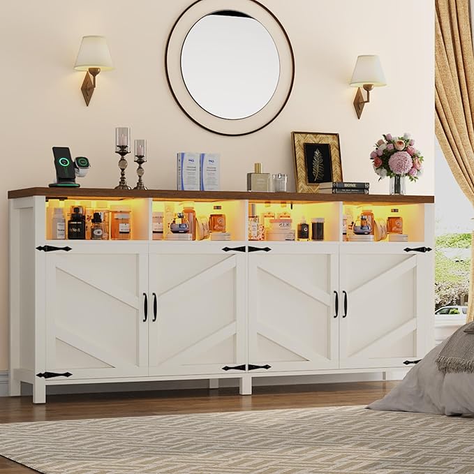 knoworld 63'' Buffet Sideboard with Storage with Power Outlets & LED Light 4 Doors, Large Farmhouse Kitchen Storage Cabinet Wood Coffee Bar Cabinet Buffet Table for Kitchen, Dining Room, Entryway