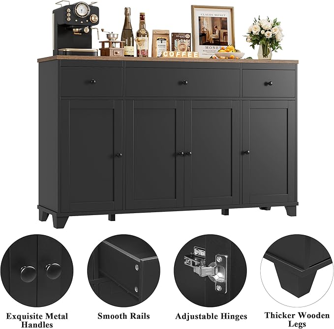 HIFIT 55" Large Kitchen Buffet Cabinet with Storage Drawers, Farmhouse Sideboard Buffet Table Storage Cabinet with Doors and Shelves, Wood Coffee Bar Cabinet for Kitchen Dining Living Room, Black