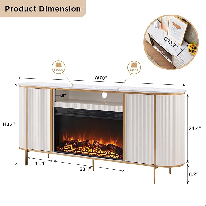 OKD Luxury 70" Fluted Fireplace TV Stand, Modern Chic Entertainment Center for TVs Up to 80 inches, TV Console with Faux Marble Top, Curved Profile Design, Media Console for Living Room, Off White