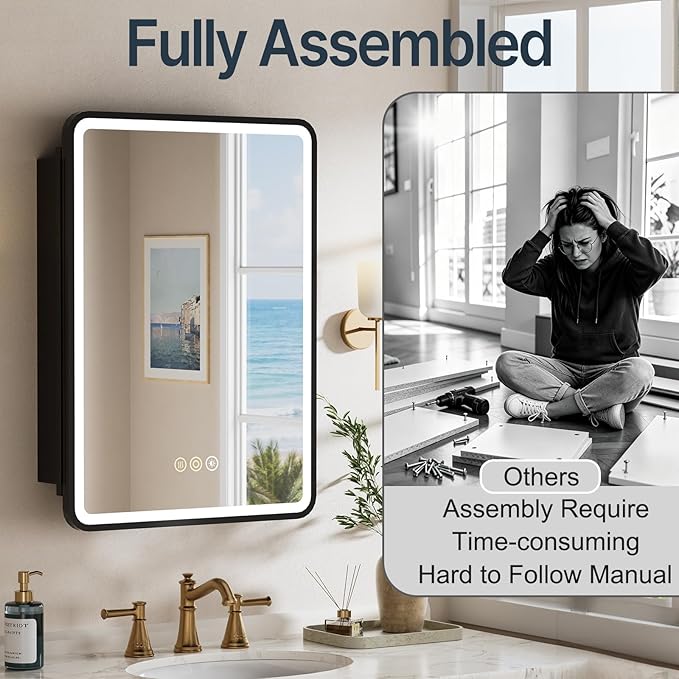 20x28 Medicine Cabinet with Lights,Wall or Recessed Mounted LED Bathroom Mirror Cabinet, Defogger, Storage Shelf, 3 Color Dimmable Light with Memory Function, Black, Right Hinge
