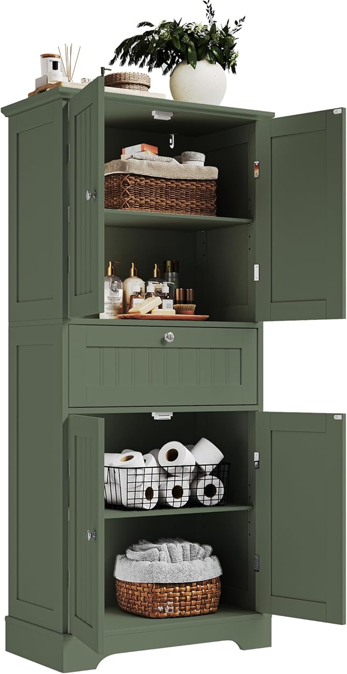 ChooChoo 51" H Tall Bathroom Floor Cabinet, Modern Bathroom Storage Cabinet with Drawer and Adjustable Shelves, Freestanding Kitchen Pantry Cupboard with 4 Doors for Living Room, Green