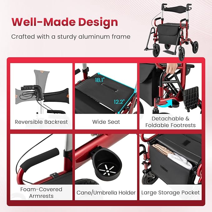 Goplus Walkers for Seniors with Seat, 2 in 1 Folding Rolling Rollator Walker & Wheelchair Combo with Brakes, 9" Pneumatic Tires for All Terrain, Aluminum Adult Mobility Walking Aid