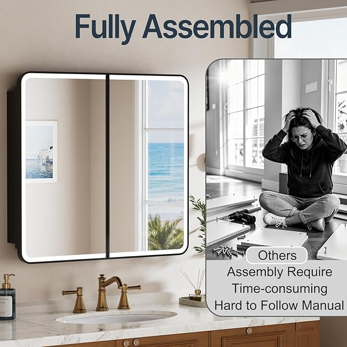 32x30 Inch Medicine Cabinet with Mirror, Recessed or Surface Mount Bathroom Medicine Cabinet with LED Lights, Anti-Fog, Memory Function, Adjustable Shelf, Dimmable Light, ETL Listed, Black