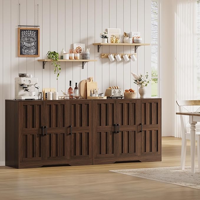 Modern Farmhouse Buffet Cabinet with Storage, 85" Large Sideboard Storage Cabinet with 6 Barn Doors, Coffee Liquor Bar Cabinet Wood Table Credenza with Adjustable Shelf for Kitchen Dining Living Room