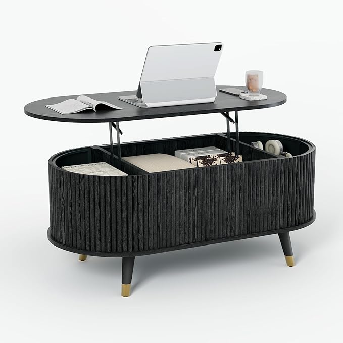 JOINICE 42.5" Oval Lift Top Coffee Table with Storage,Modern Black Center Table with Fluted Design, Solid Wood Legs & Hidden Compartment, Pop Up Coffee Table for Living Roomm