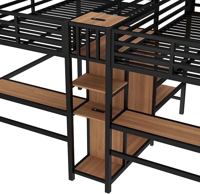Harper & Bright Designs Twin Over Twin Loft Bed with Desk and Shelves, Metal Loft Bed with Wardrobe and Charging Station for Kids Teens, Space Saving, Noise Reduction, Black+Nature