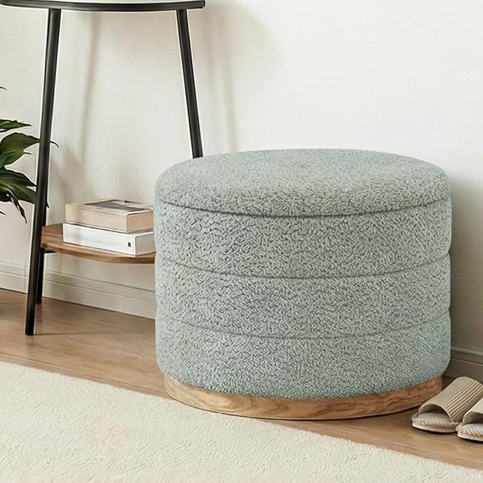 Round Storage Ottoman with Tray Lid, Folding Chenille Fabric Footrest with Hidden Storage, 22.8" Large Footstool Side Table for Dorm Living Room Bedroom, Wood Grain Base, Sage Green