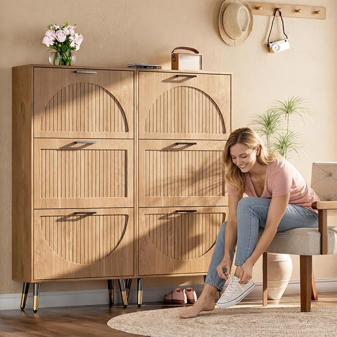 Farmhouse Shoe Cabinet Storage for Entryway, Slim Shoe Rack Cabinet with 3 Flip Drawers, Narrow Shoe Organizer Cabinet with Stylish Round Panel, Metal Leg and Handle