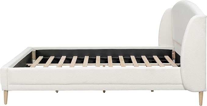 Christopher Knight Home Hazel King Size Bed Frame, Upholstered Platform Bed, Soft Boucle Wingback Headboard, Wood Bed Support and Slats, Curved-Shaped Headboard King Beds for Adult, 45.60" H White