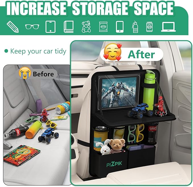 Plzpik Car Backseat Organizer with Tablet Holder,11 Storage Pockets with Foldable Food Tray, Protector Kick Mats for Kids, Travel Accessories Organizer (Black, 2Pack)