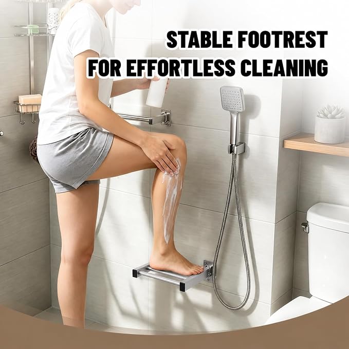 Hicarer Shower Foot Rest Wall Mount Folding Shower Pedestal Ledge 9" x 8" Brushed Finish 304 Stainless Steel Foot Rest Supports 200 Lbs for Safe Leg Shaving, Feet Washing & Bathroom Comfort