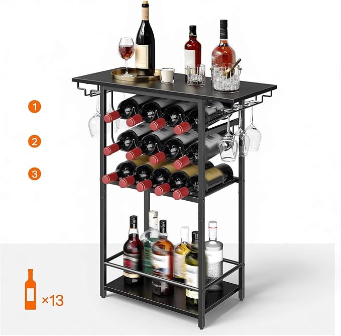 HOOBRO 5-Tier Wine Rack with Glass Holder, Wine Storage Freestanding Floor, Versatile Corner Liquor Cabinet, Alcohol Bottle Display Shelf for Home Bar, Kitchen, Living Room, Black BB68JJ01