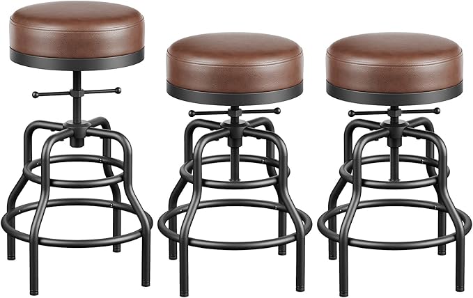 Raynesys Adjustable Height Swivel Bar Stools Set of 3, 22-29 Inch Industrial Vintage Bar Counter Height Stools with Thicken Premium Bonded Leather Seats & Updated Footrests, Easy Assembly, Brown