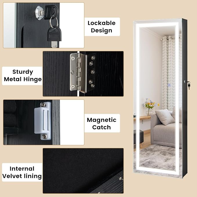 CHARMAID LED Mirror Jewelry Cabinet, 47.2'' Jewelry Armoire with Adjustable Lighted Full Length Mirror, Wall Mounted or Door Hanging, Lockable Jewelry Organizer Storage (Black, 47.2''H)