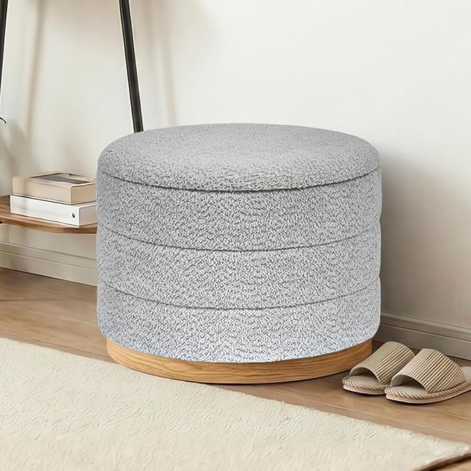 Round Storage Ottoman with Tray Lid, Folding Chenille Fabric Footrest with Hidden Storage, 22.8" Large Footstool Side Table for Dorm Living Room Bedroom, Wood Grain Base, Sliver Grey