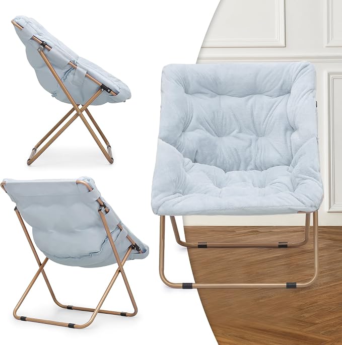 MoNiBloom Square Folding Faux Fur Saucer Chair for Bedroom Living Room Dorm Foldable Metal Frame Oversized Large Comfy Furry Padded Soft Cozy Moon Chair with Footrest Ottoman for Adults (Blue)
