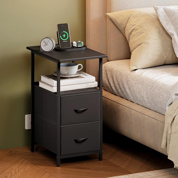Somdot End Table Set of 2 with Charging Station, Narrow Side Table with 2 Fabric Drawers, Skinny Nightstand with Storage, Small Slim Bedside Table for Living Room, Sofa, Bedroom, Couch, Black