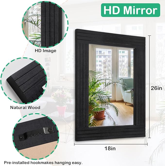 Black Rectangular Vintage Rustic Wood Framed Large Mirror - Deco Farmhouse Living Room Bathroom Bedroom Entrance - 26" x 18"