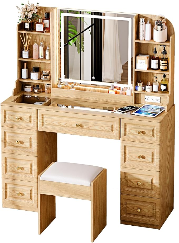 Arulvmrn 43" Makeup Vanity Desk with Mirror and Lights, & Power Outl, Glass Top Big Vanity Table with 9 Drawers& 8 Storage Shelves, Dressing Table Set with Chair for Bedroom, Wood