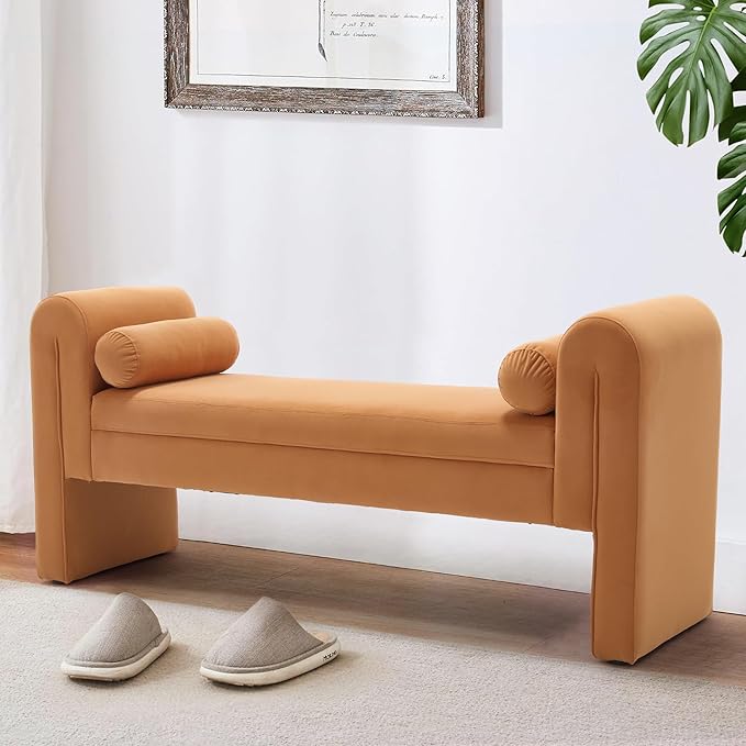 Modern Bench for Bedroom End of Bed, 60.5" Velvet Upholstered Rolled Armed Stool Bench, Sofa Ottoman Long Bench with 2 Pillows for Entryway/Hall/Bedroom/Living Room(Orange-60.5 Inch)
