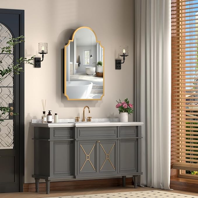 20"x32" Medicine Cabinet with Mirror, Recessed and Surface Mount Medicine Cabinets for Bathroom, Bedroom, Full Metal, Unique Art Arched Mirror with Storage, 2 Shelves and 1 Organizer Box, Bling Gold