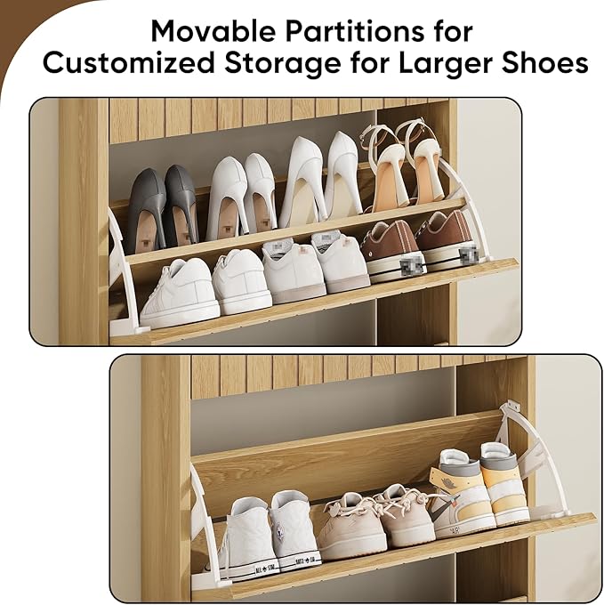 Shoe Storage Cabinet with Vertical Groove Doors 2 Flip Drawers, Narrow Shoe Cabinet Storage for Entryway, Freestanding Shoe Organizer Cabinet, Slim Shoe Rack Cabinet (Natural Oak Grain)
