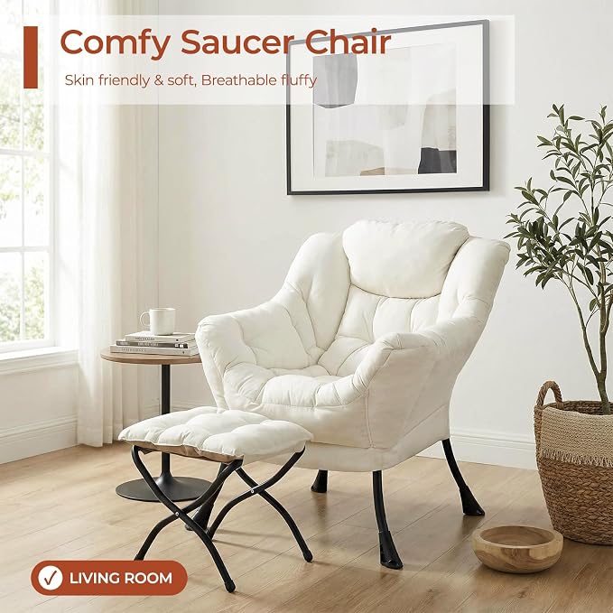 TLSUNNY Lazy Chair with Foldable Ottoman, Modern Comfy Lounge Chair, Large Sofa Armchair with Footrest and a Side Pocket, Reading Chair with Footstool for Bedroom, Living Room, Dorm (Beige)