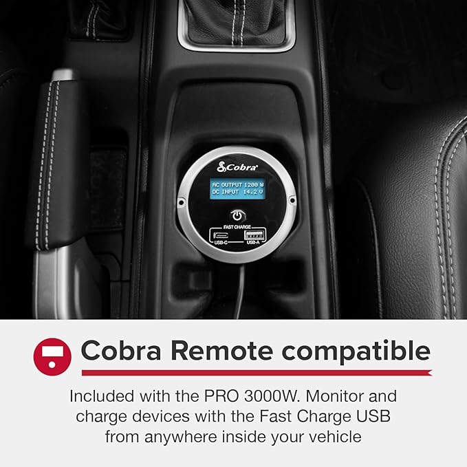 Cobra PRO 3000W Professional Grade Power Inverter, Portable – 3000-Watt Car Charger, 4 Grounded AC Outlets, 2 Fast Charge USB Ports and Remote Controller (CPIALCDG1) Included