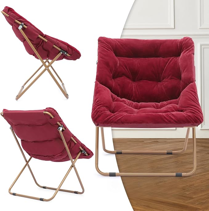 MoNiBloom Square Folding Faux Fur Saucer Chair for Bedroom Living Room Dorm Foldable Metal Frame Oversized Large Comfy Furry Padded Soft Cozy Moon Chair with Footrest Ottoman for Adults (Burgundy)