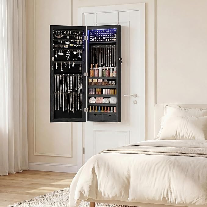 DUMOS Jewelry Armoire Cabinet with Full Length Mirror, 47.2" Tall Wall Mounted or Over the Door Jewelry Organizer with 33 Necklace Hooks, Lockable Large Capacity Jewelry Armoire with Drawers, Black