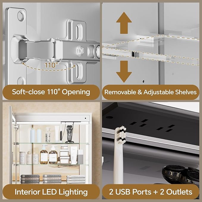 Double-Side LED Medicine Cabinet Mirror for Bathroom, Lighted Medicine Cabinet with 5 Mirrors, Interior Sensor Light, Dimmable, Anti-Fog, Outlets, Recessed or Wall Mount Aluminum Mirror Cabinet, 34x28