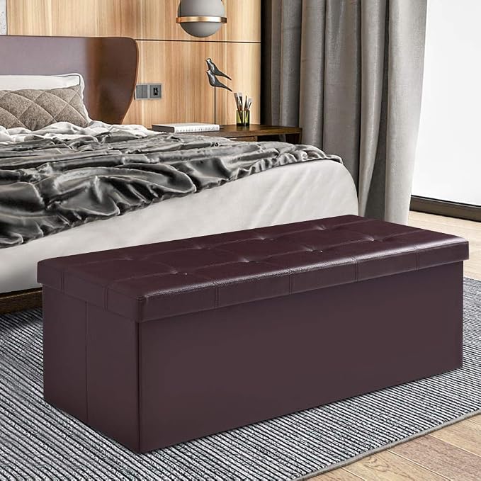 Folding Storage Ottoman Bench, 45" Large Ottoman Space-Saving Bench,Faux Leather Storage Chest with Memory Foam,Footrest Padded Stool Seat for Bedroom Toy Chest, Brown,Leather