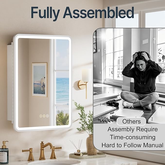 20x28 Inch Medicine Cabinet with Mirror, Recessed or Surface Mount Bathroom Medicine Cabinet with LED Lights, Anti-Fog, Memory Function, Adjustable Shelf, Dimmable Light, ETL Listed, White,Right Hinge