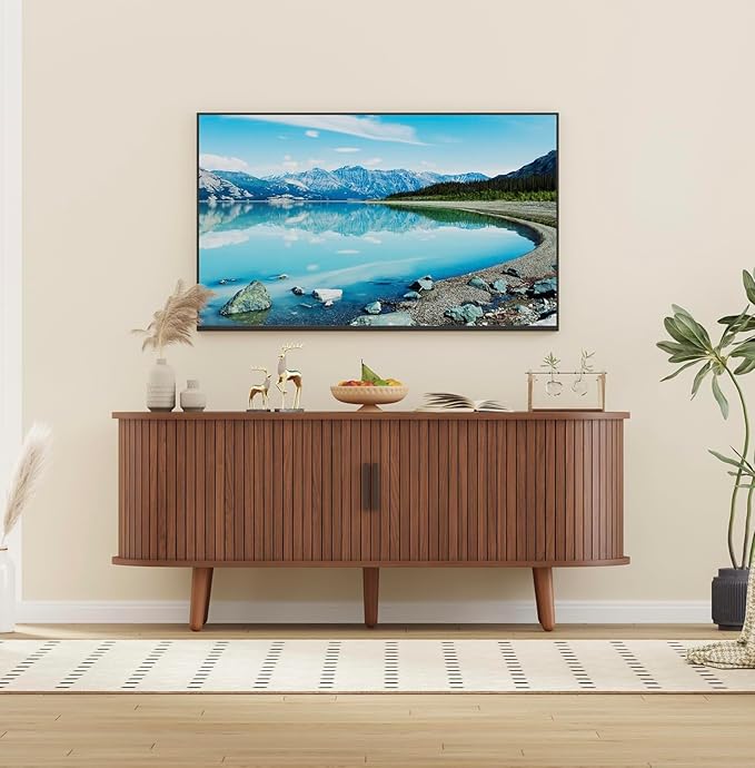 Mid Century Modern TV Stand, 47.2" Media Console Entertainment Center with 4 Storage Compartments & Sliding Doors, Bedroom TV Cabinet for ups to 55 Inch Tvs (Walnut)