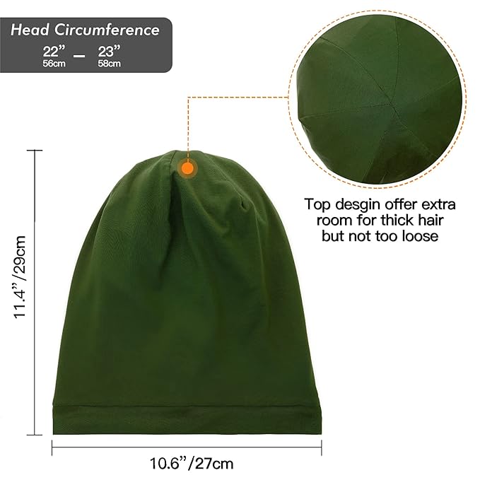 Silk Satin Lined Bonnet Sleep Cap - Adjustable Stay on All Night Hair Wrap Cover Slouchy Beanie for Curly Hair Protection for Women and Men - Solid Olive Green