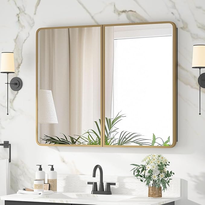 Bathroom Medicine Cabinet with Mirror 24 x 30 Inch, Brush Gold Medicine Cabinet Recessed or Surface Wall-Mounted, Mirrored Cabinets with Sturdy Metal Adjustable Shelves for Bathroom Vanity