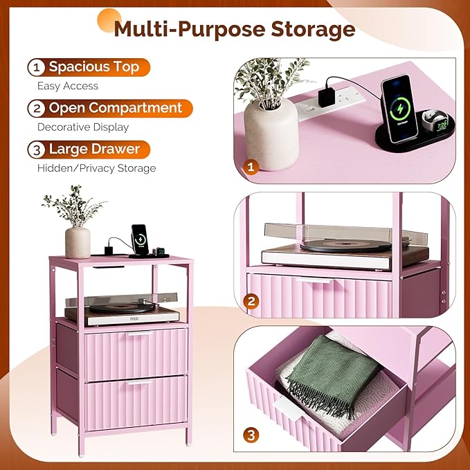 VINGLI Pink Nightstand with Charging Station and Fabric Drawers, Fluted Nightstand with Drawers, Night Stand Pink Bedside Table with Charger Station for Bedroom, Kids Room, 14.96" W*11.81" D*23.78" H